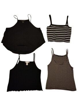 Set of 4 Tank Tops Striped Black/White Crop/Mid Length Strappy Tops Size Small